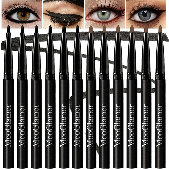 MooGlamor front packaging showing 12 retractable gel eyeliners, travel-ready convenience