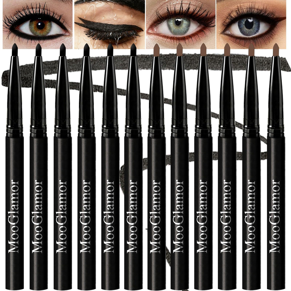 MooGlamor front packaging showing 12 retractable gel eyeliners, travel-ready convenience