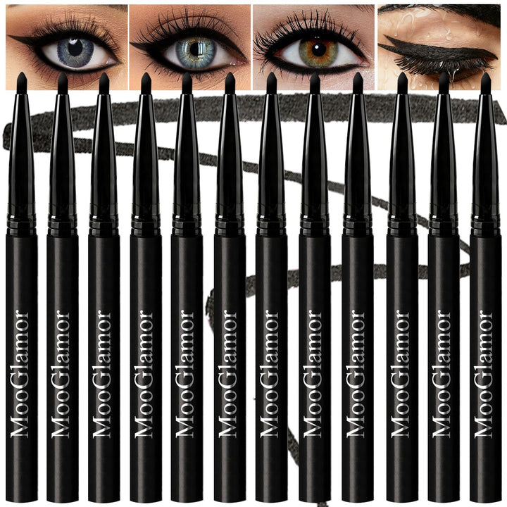 MooGlamor pack front view showing 12 black retractable gel eyeliners for value and convenience