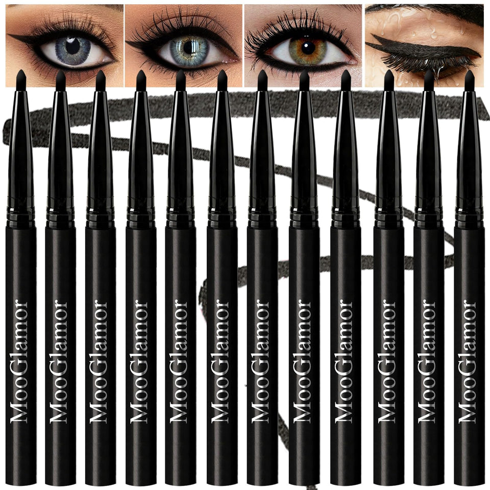 MooGlamor pack front view showing 12 black retractable gel eyeliners for value and convenience