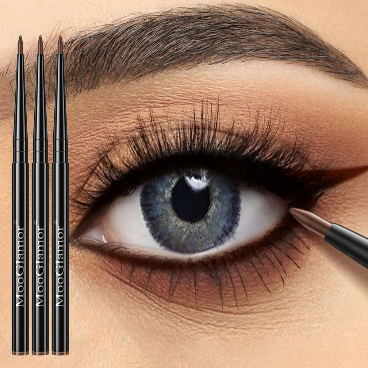 MooGlamor pencils arranged black and brown, clear color choices for versatile looks