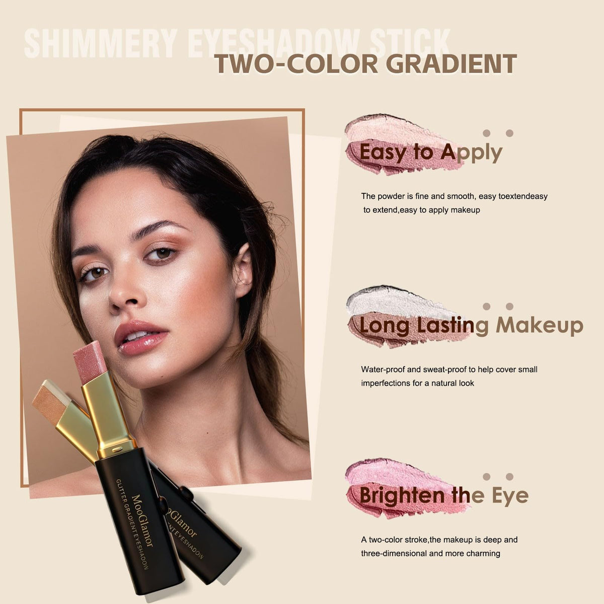 MooGlamor closed retractable eyeshadow stick highlighting compact design for travel convenience