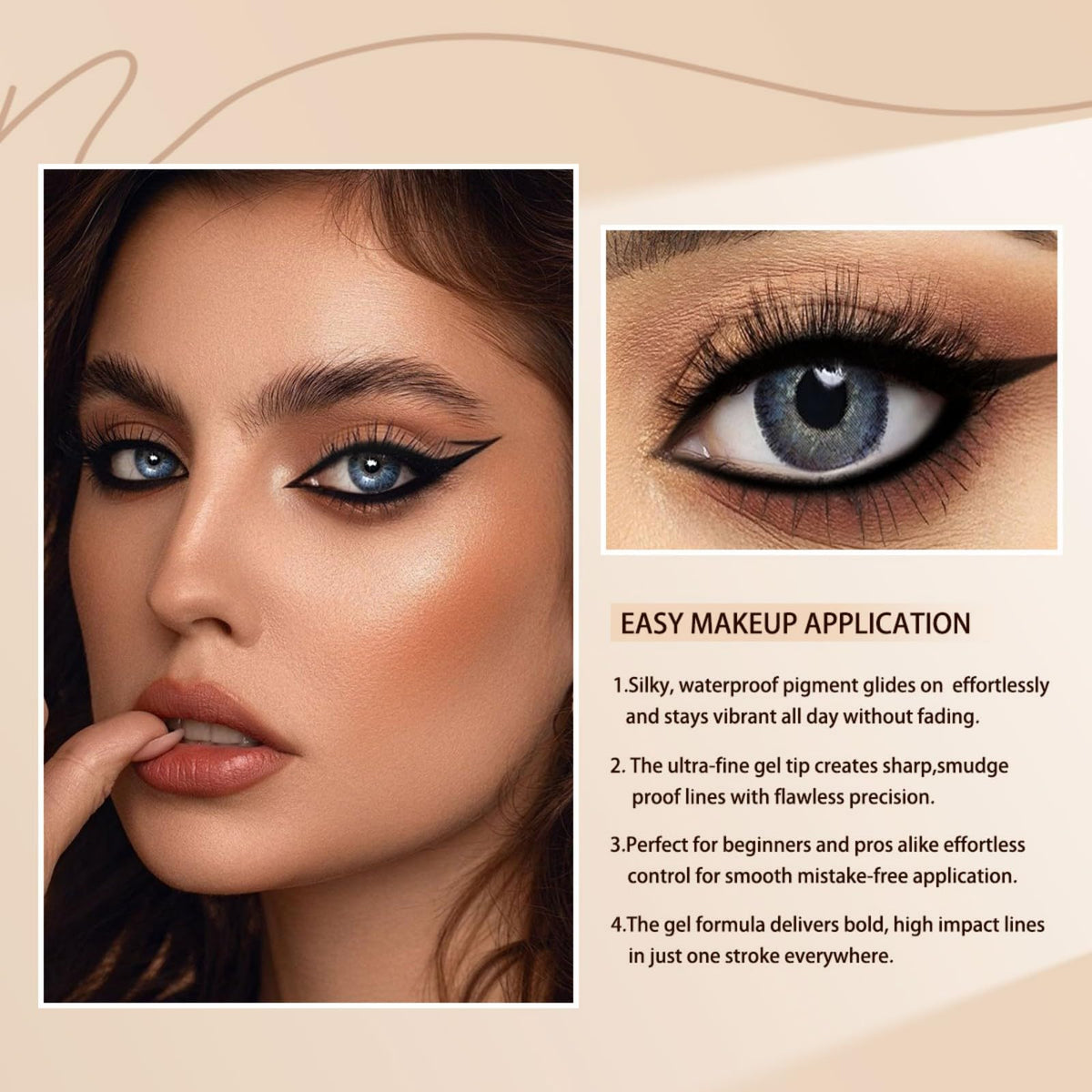 Water droplets on eyelid with MooGlamor liner to show resistant finish after water exposure