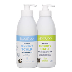 MooGoo front packaging duo showing both 16.9 fl oz bottles and calming benefits