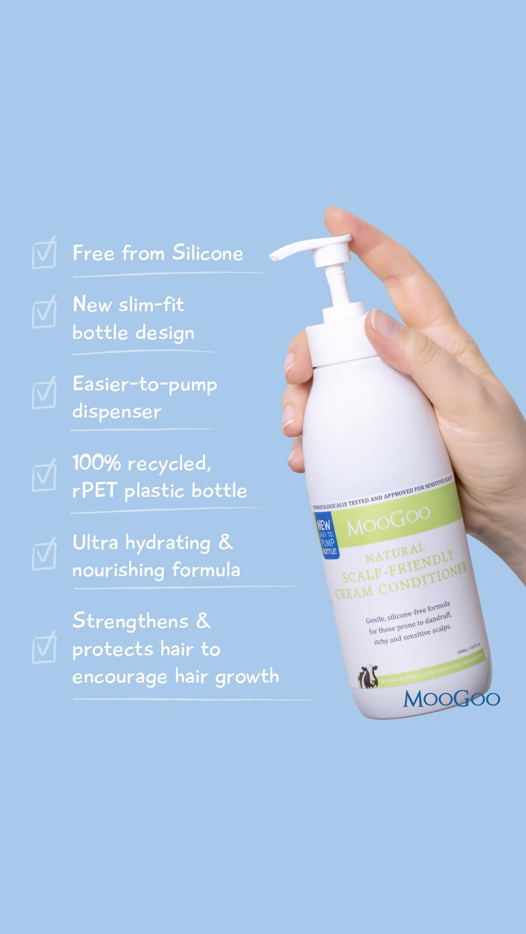MooGoo bottles next to ruler for size comparison showing 16.9 fl oz benefit