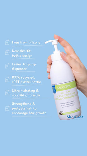 MooGoo bottles next to ruler for size comparison showing 16.9 fl oz benefit