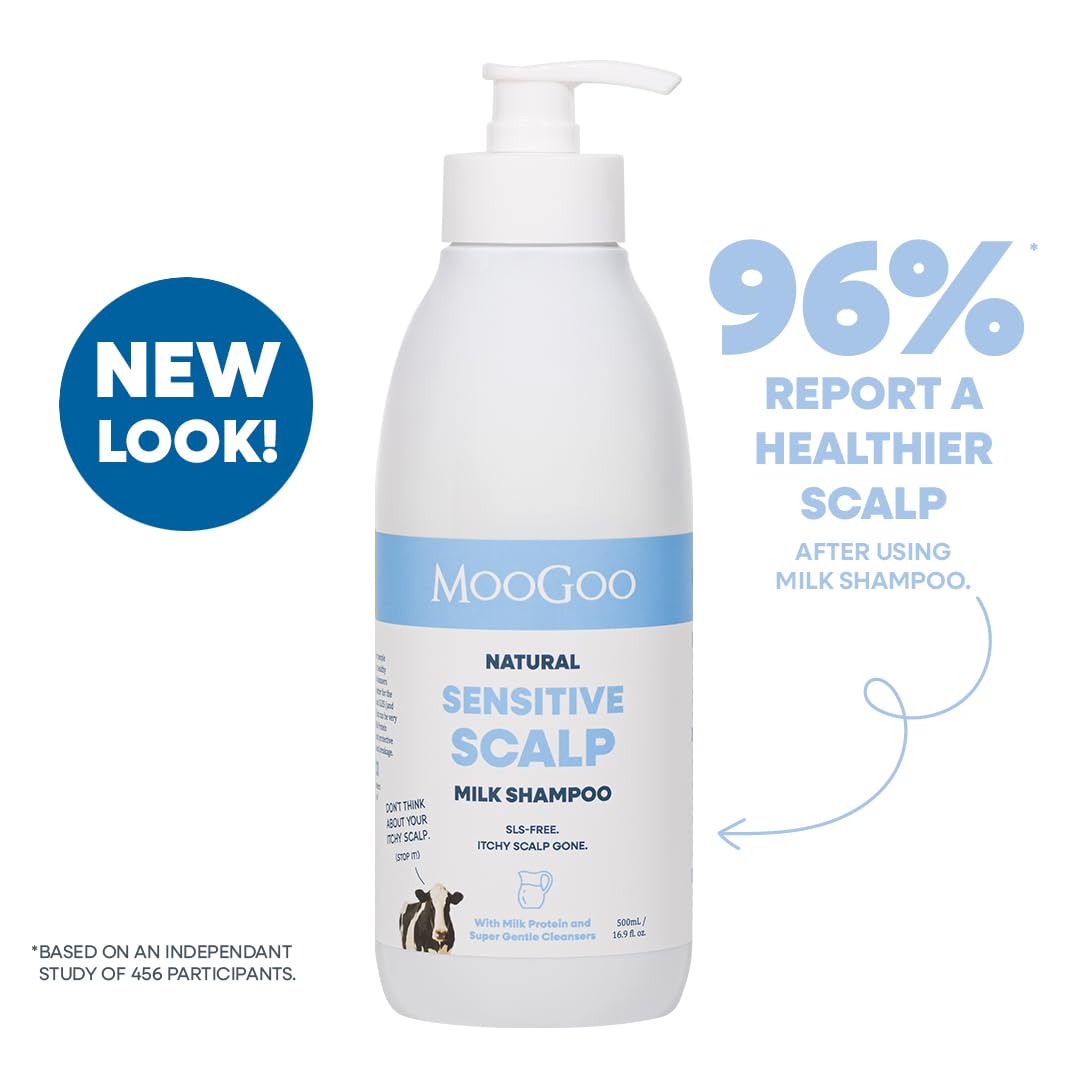 MooGoo Milk Shampoo pouring from bottle to show gentle, low-foam cleanser benefits