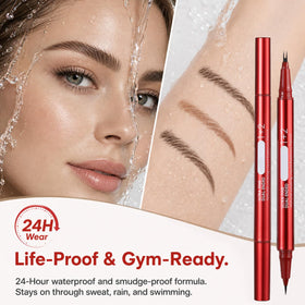 MOOMARTO applying pen in mirror for quick morning brow touch-up benefit