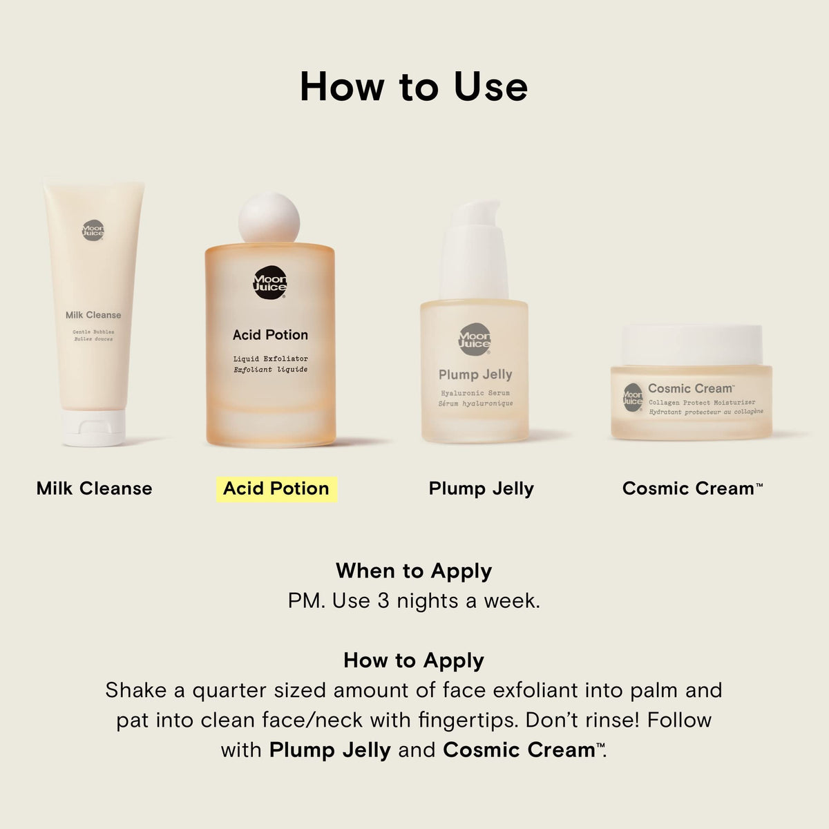 Applying Moon Juice Acid Potion to face, demonstrates easy leave-on exfoliant use