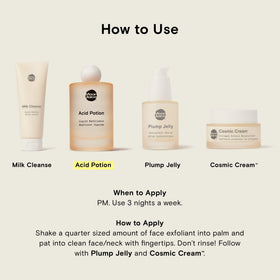 Applying Moon Juice Acid Potion to face, demonstrates easy leave-on exfoliant use
