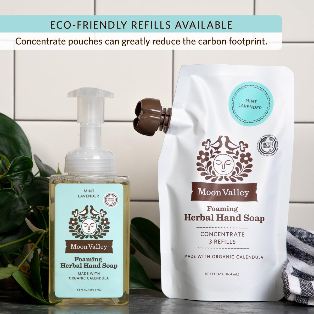 Moon Valley Organics pouches styled on bathroom counter promoting sustainability