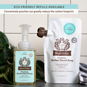 Moon Valley Organics pouches styled on bathroom counter promoting sustainability