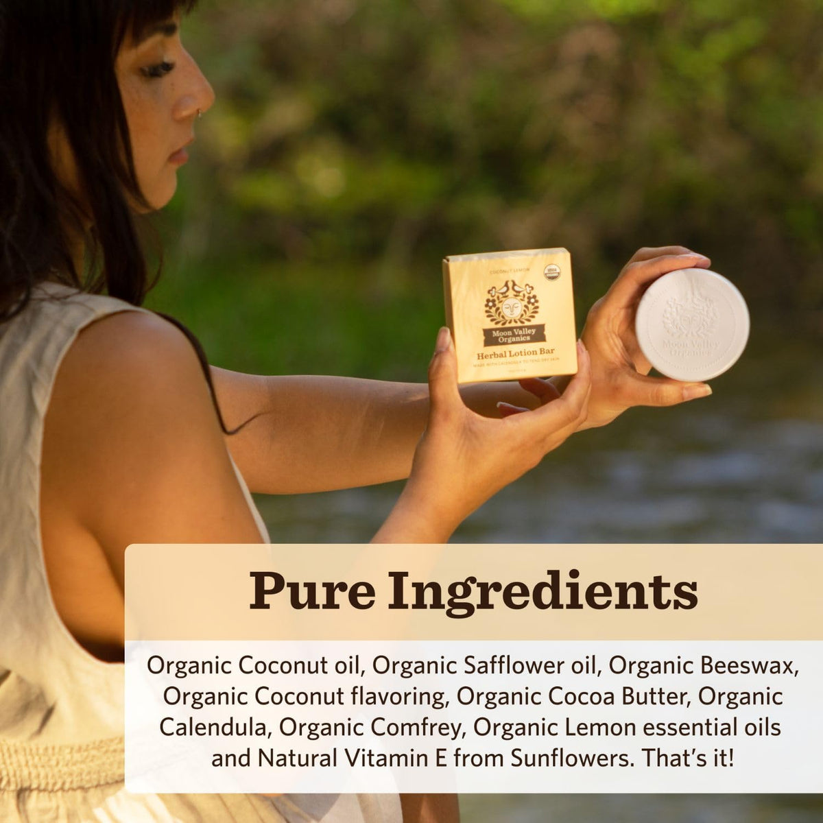 Moon Valley Organics Moon Melt applied to hand, illustrating soothing hydration and quick melt benefit