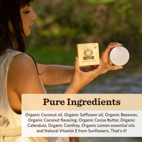 Moon Valley Organics Moon Melt applied to hand, illustrating soothing hydration and quick melt benefit