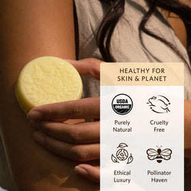 Moon Valley Organics Moon Melt ingredients label, highlights natural herbs and beeswax benefit