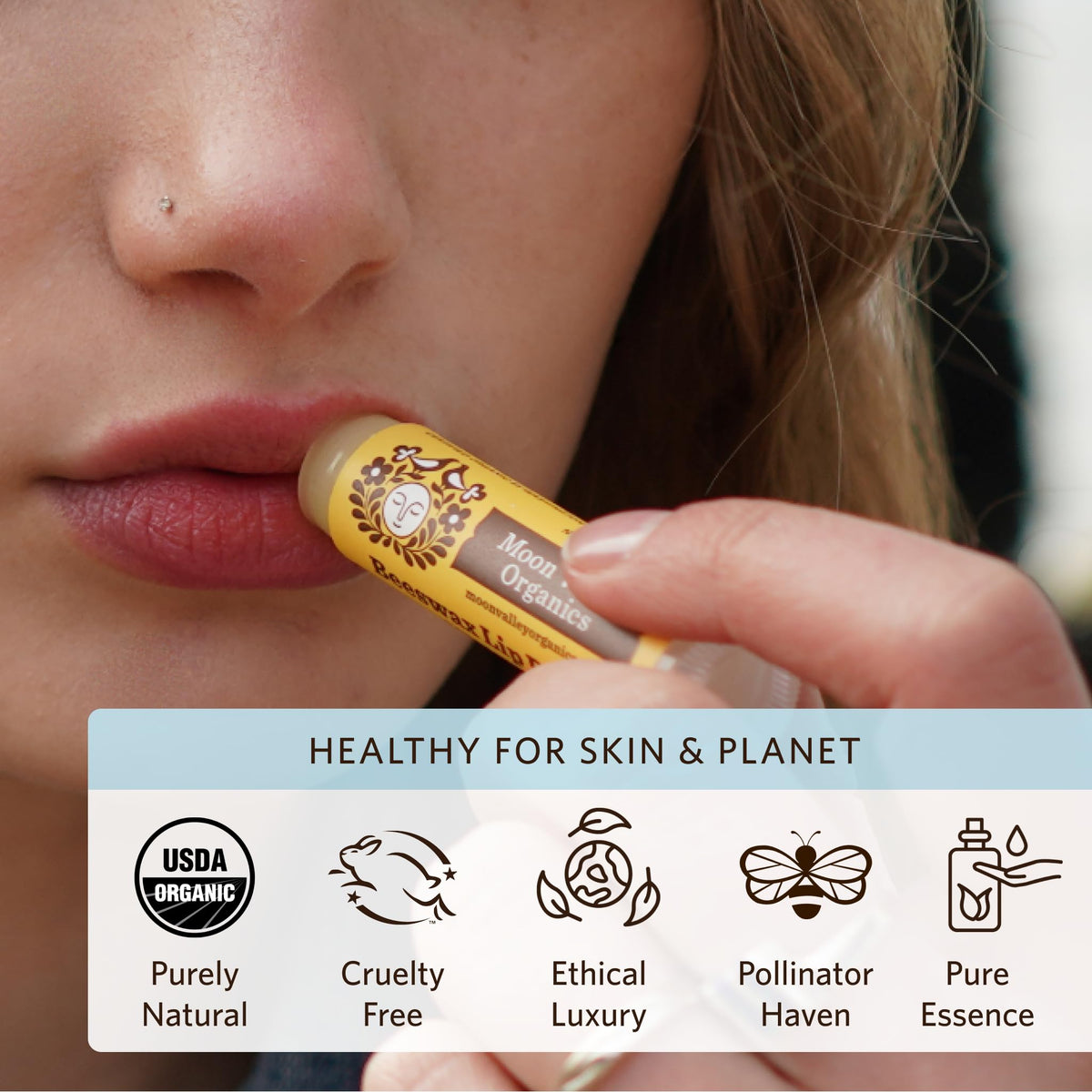 Moon Valley Organics balm applied to lips demonstrating hydration and cooling sensation