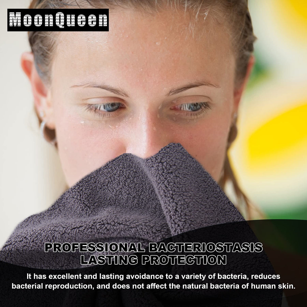 MOONQUEEN grey cloth hanging to dry demonstrating fast-dry, odor-resistant benefit