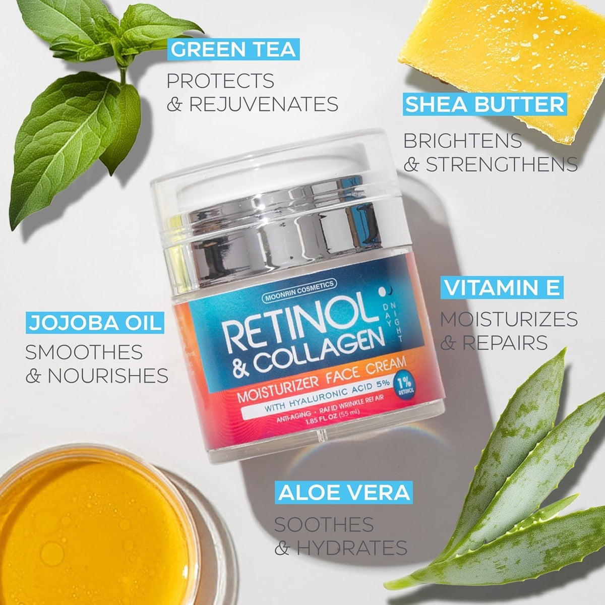 MOONRIN COSMETICS ingredients visual featuring retinol hyaluronic acid collagen