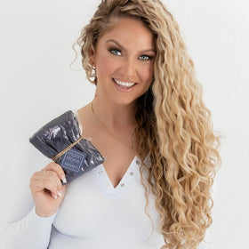MoonstoneSeven hair plop worn by model demonstrating curl shaping benefit