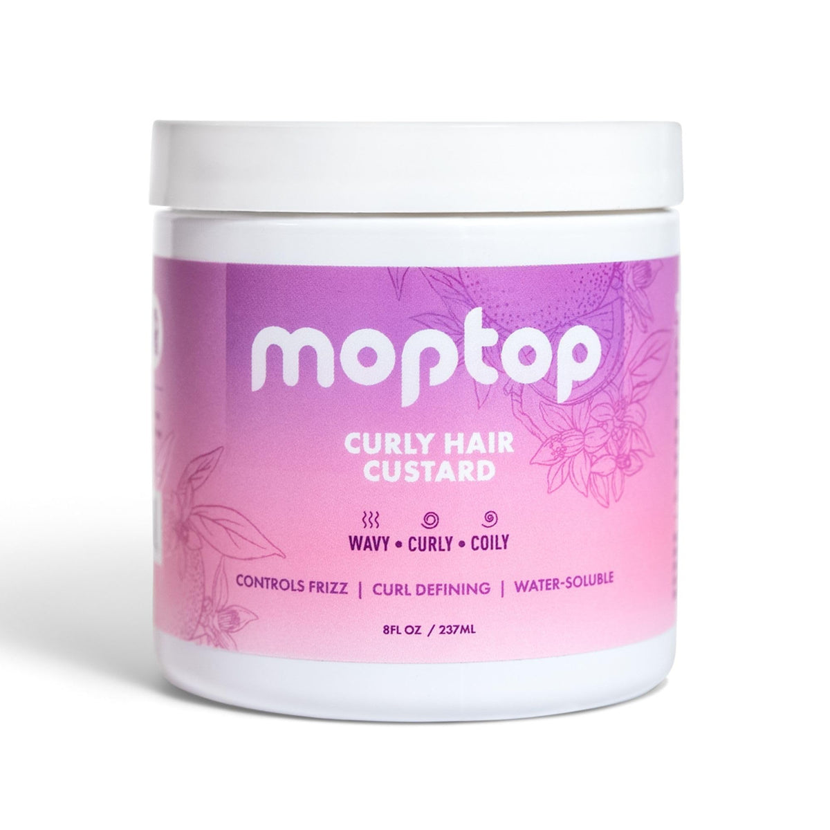 MopTop jar front packaging, clear label showing citrus kumquat scent and 8oz size benefit