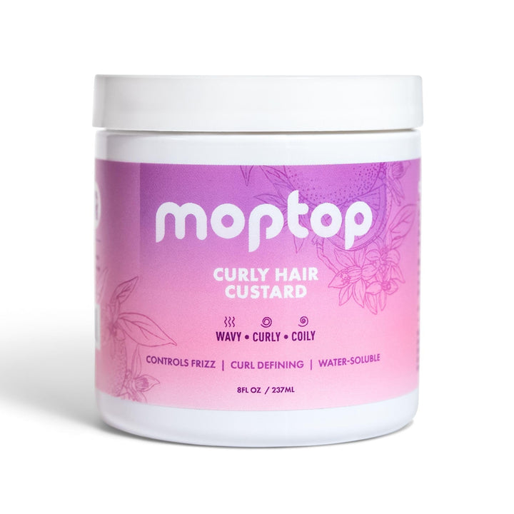 MopTop jar front packaging, clear label showing citrus kumquat scent and 8oz size benefit