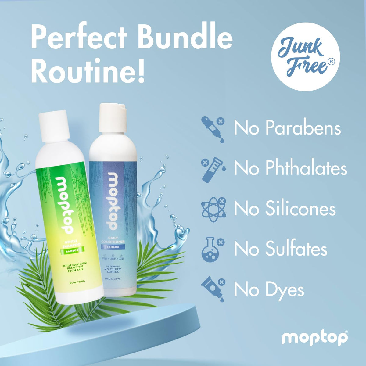 MopTop shampoo and conditioner in-shower use illustrating easy rinse