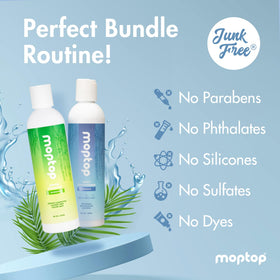 MopTop shampoo and conditioner in-shower use illustrating easy rinse