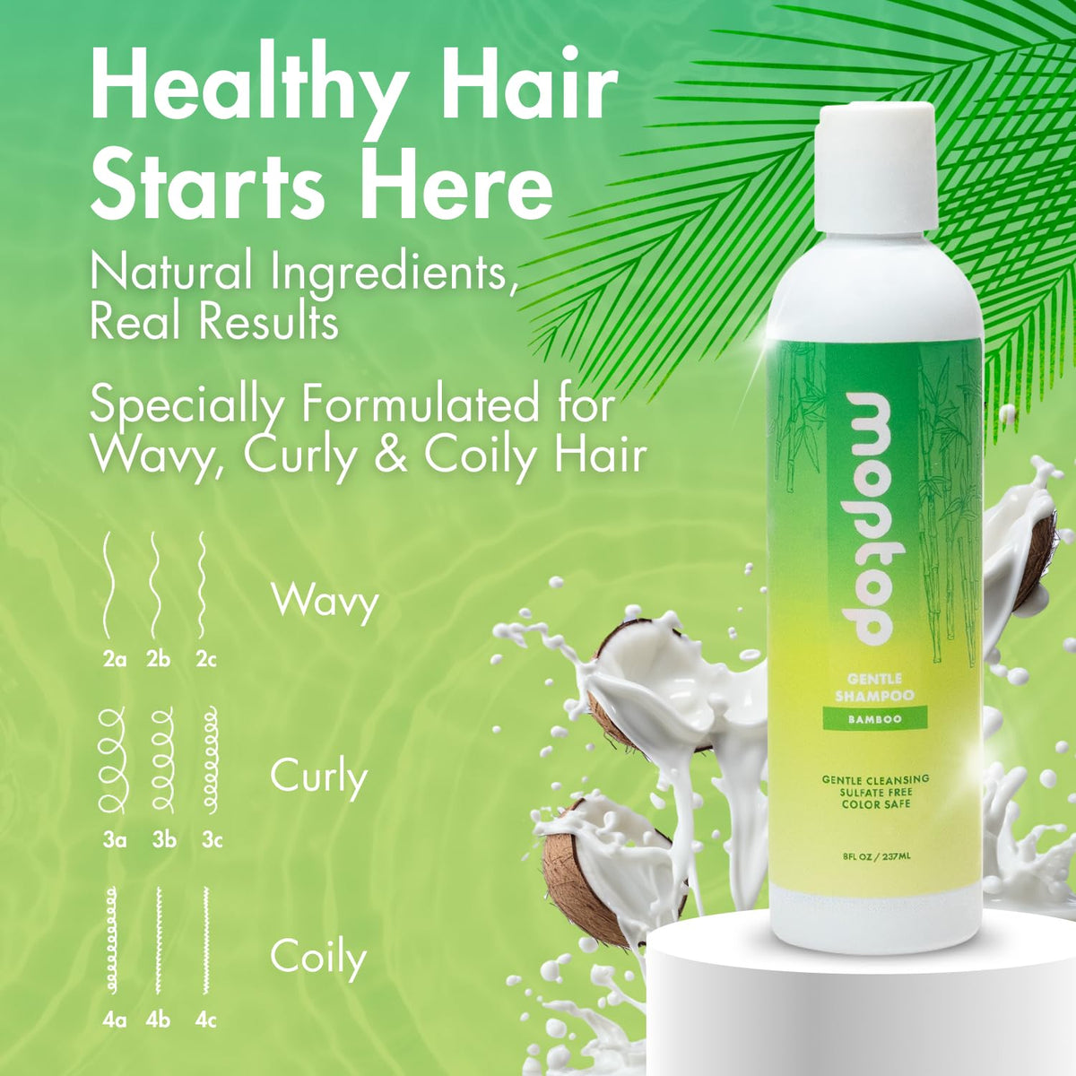 MopTop shampoo lather on hair showcasing gentle cleanse and reduced frizz