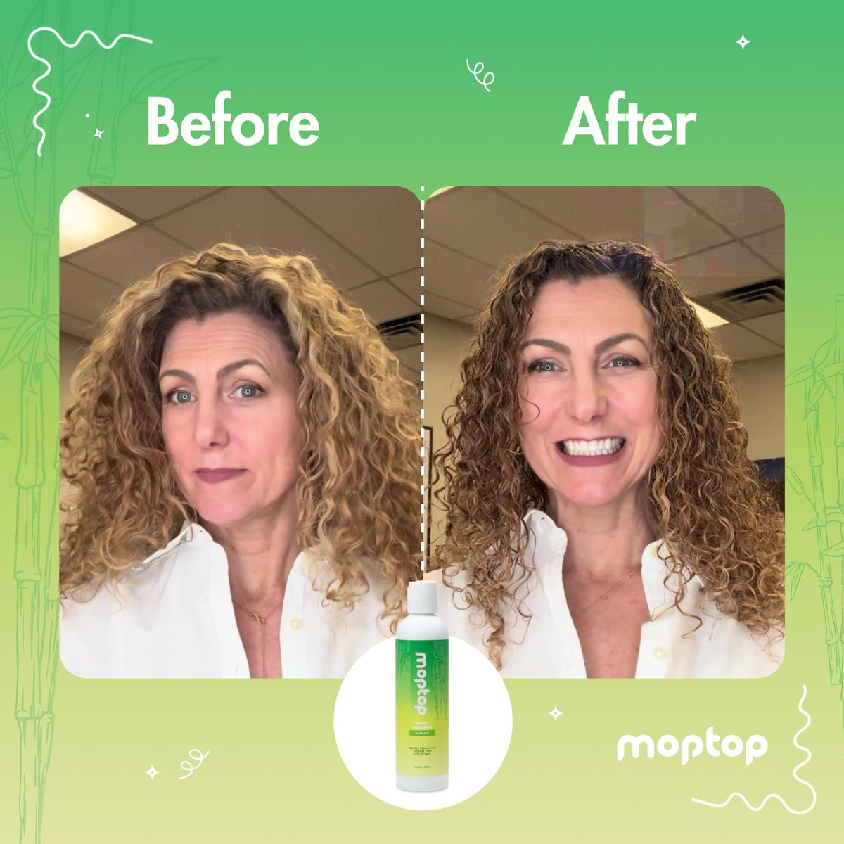 MopTop shampoo being worked into curly hair demonstrating enhanced curl definition