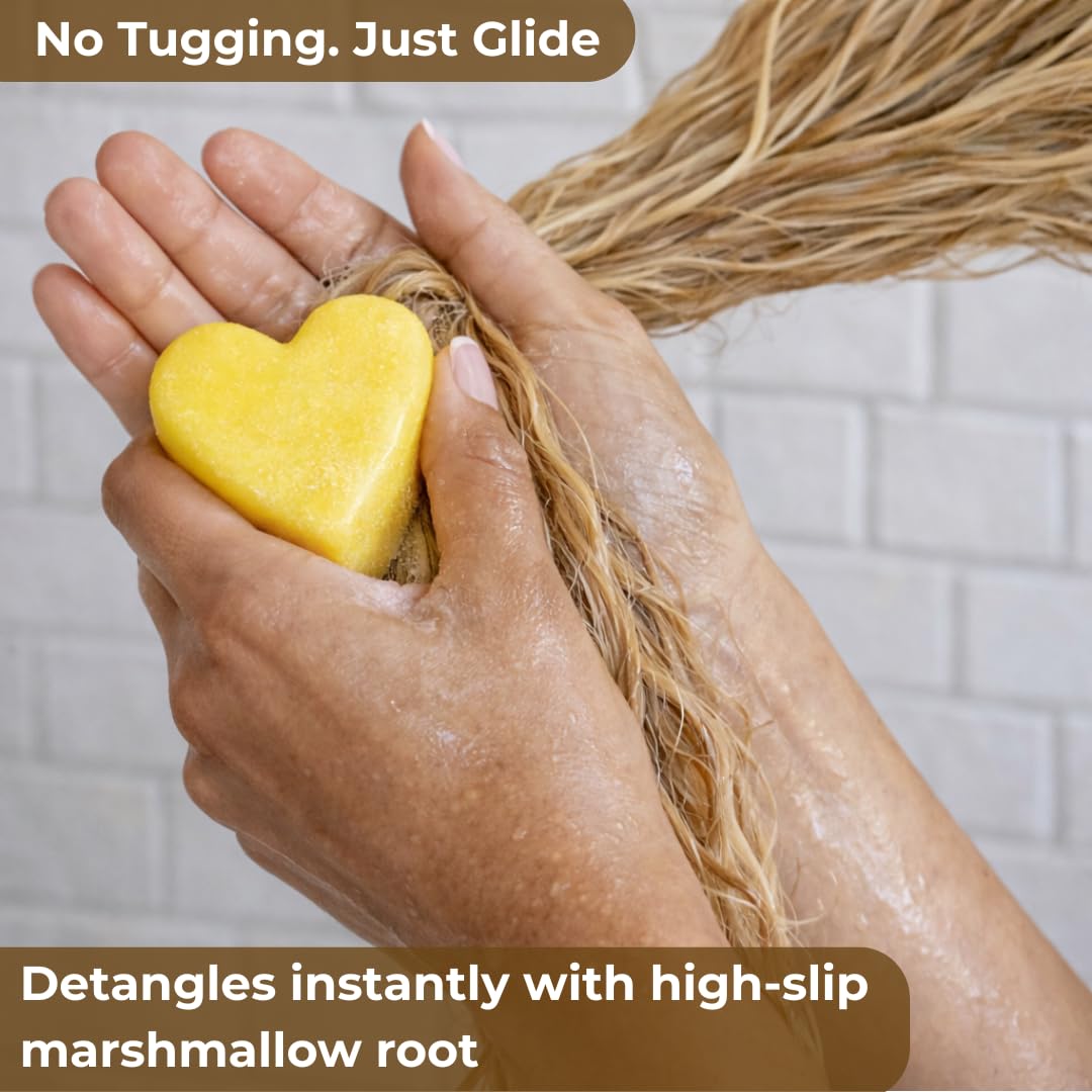 Morava conditioner bar being applied in shower demonstrating easy detangling and hydration benefit