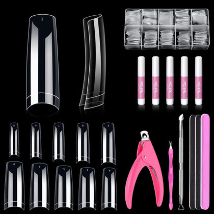 MORGLES front package showing all 500 clear nail tips and tools for easy setup