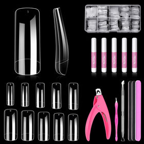 MORGLES front package showing clear nail tips and accessories for at-home salon results