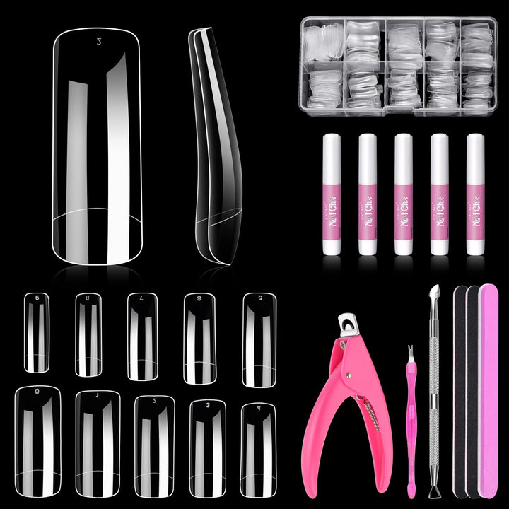 MORGLES front package showing clear nail tips and accessories for at-home salon results