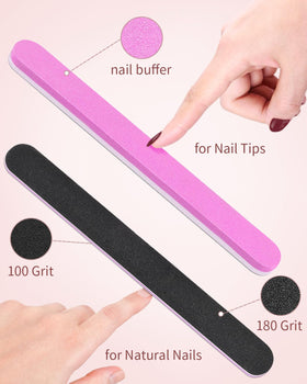 MORGLES layout of included clipper, five glues, files, scraper and cuticle fork