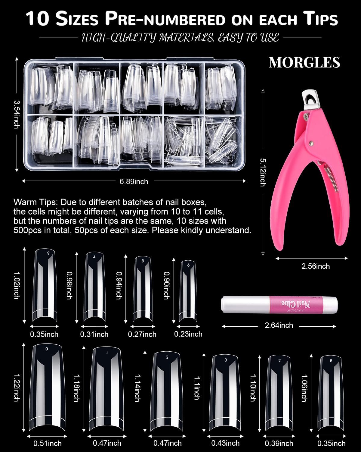 MORGLES numbered sizing chart with 10 sizes aiding fast, accurate nail selection