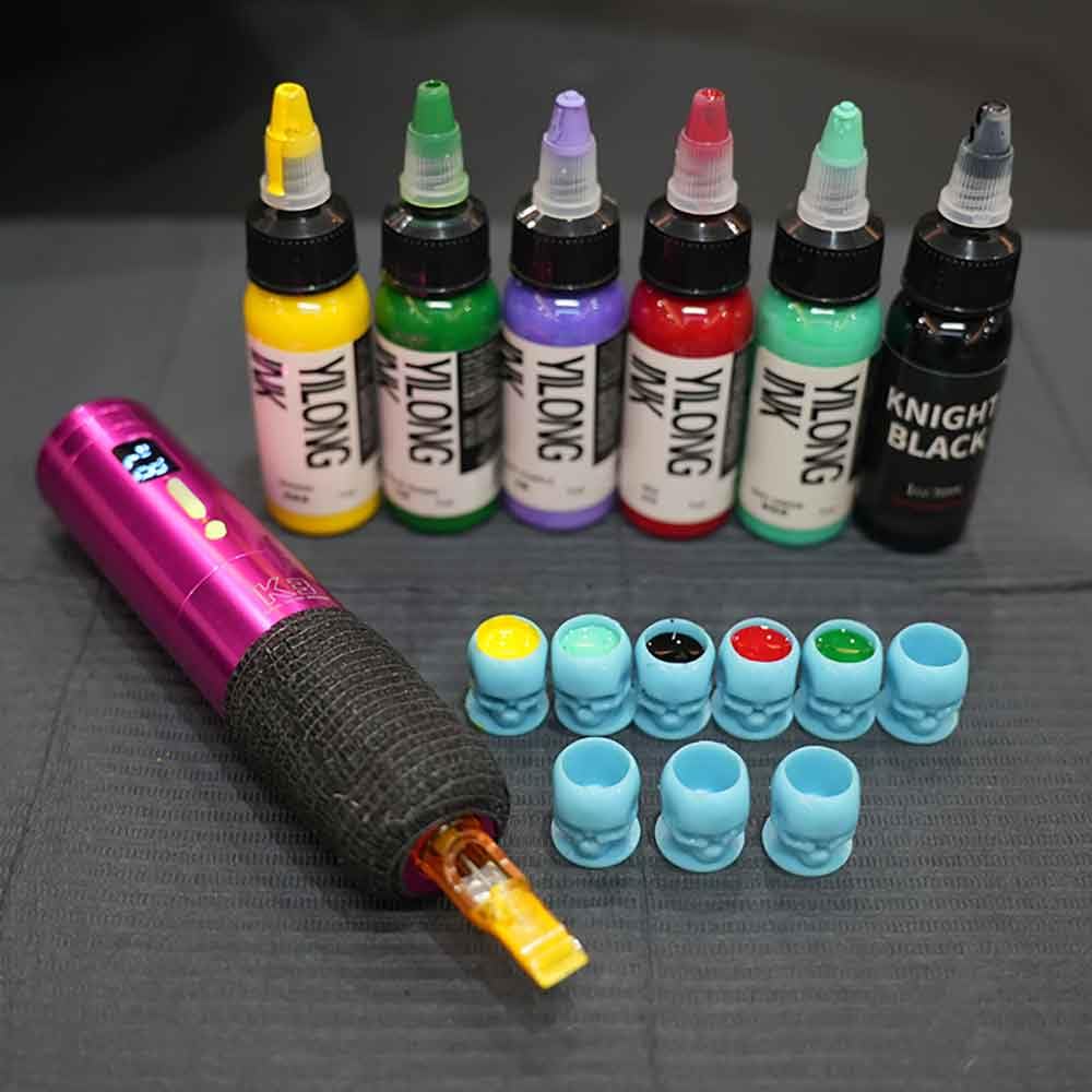 Moricher cups in a tattoo studio setting demonstrating quick access and workflow benefit