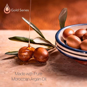 Moroccan Gold Series before and after hair strand showing reduced breakage