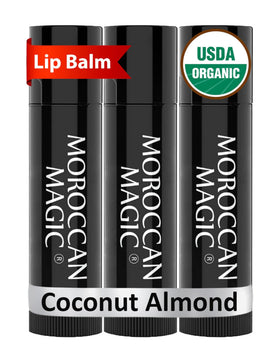 Moroccan Magic front packaging showing three organic lip balm tubes for daily hydration