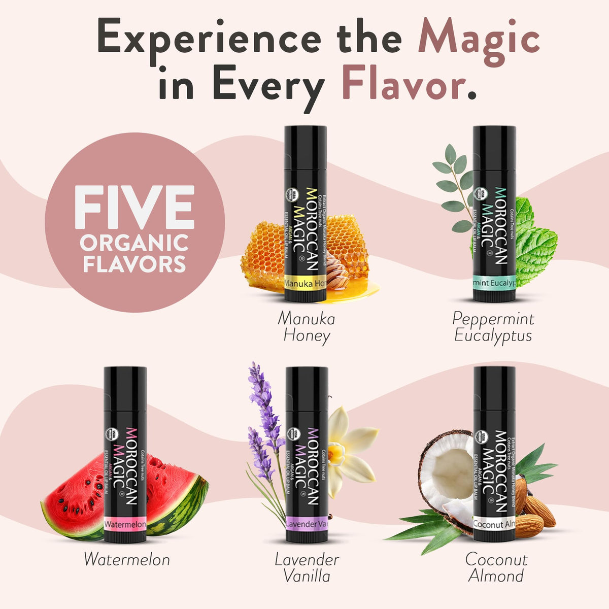 Moroccan Magic five balm lineup arranged by scent, offers variety and daily options