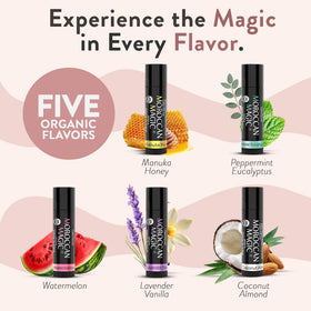 Moroccan Magic five balm lineup arranged by scent, offers variety and daily options