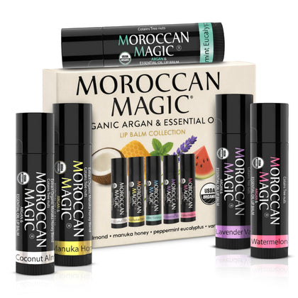 Moroccan Magic front packaging showing five organic lip balms, travel-friendly protection