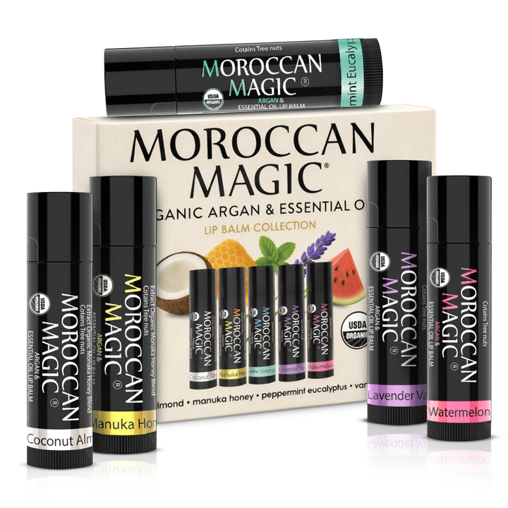 Moroccan Magic front packaging showing five organic lip balms, travel-friendly protection