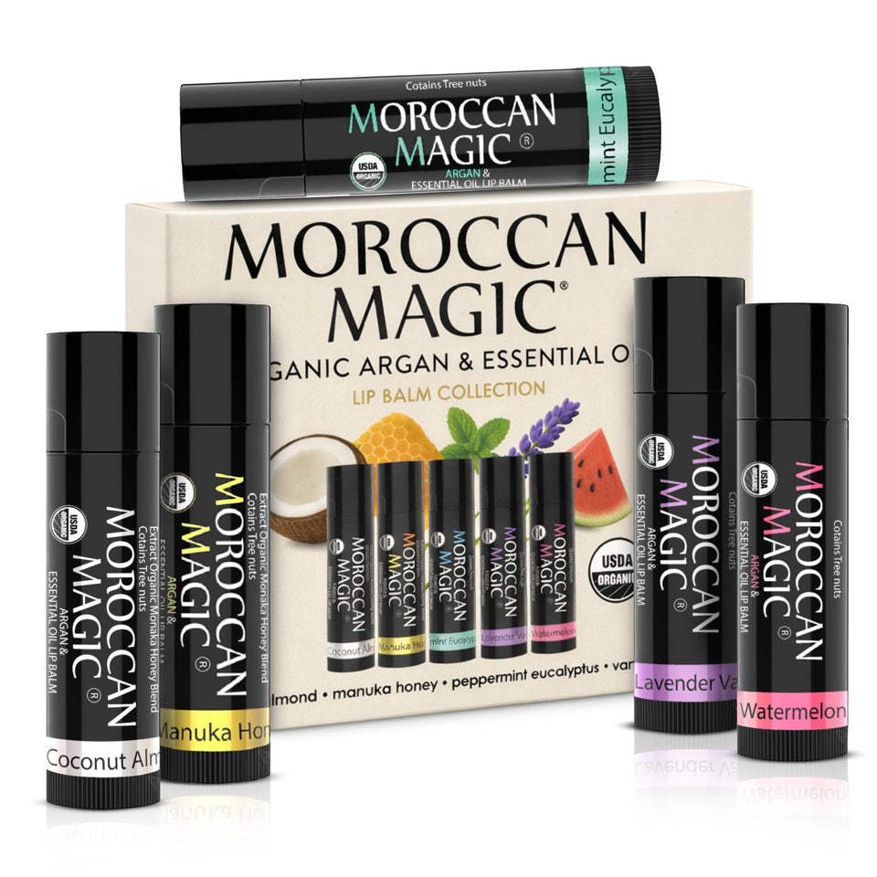 Moroccan Magic front packaging showing five organic lip balms, travel-friendly protection