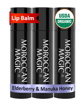 Moroccan Magic front packaging showing three organic balm tubes and benefits