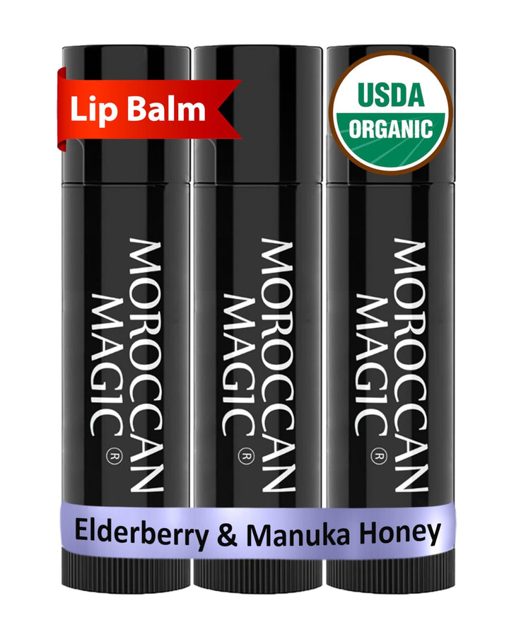 Moroccan Magic front packaging showing three organic balm tubes and benefits