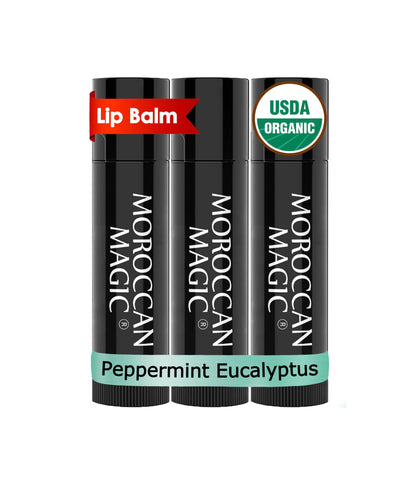 Moroccan Magic front packaging showing three mint lip balm tubes and cooling benefit