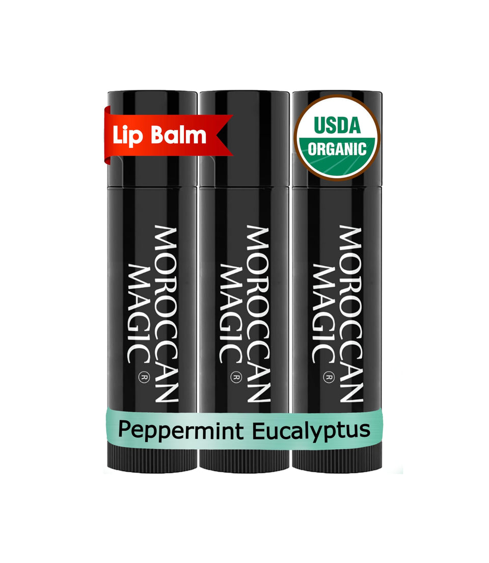 Moroccan Magic front packaging showing three mint lip balm tubes and cooling benefit
