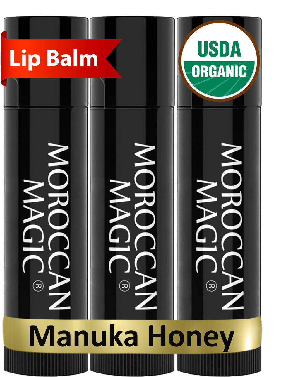 Moroccan Magic front packaging showing three tubes and clean ingredients