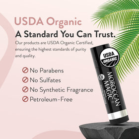 Moroccan Magic lip balm tube closeup displaying smooth applicator and easy twist mechanism