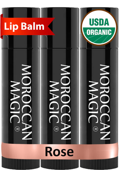 Moroccan Magic front packaging showing three rose lip balms and benefits